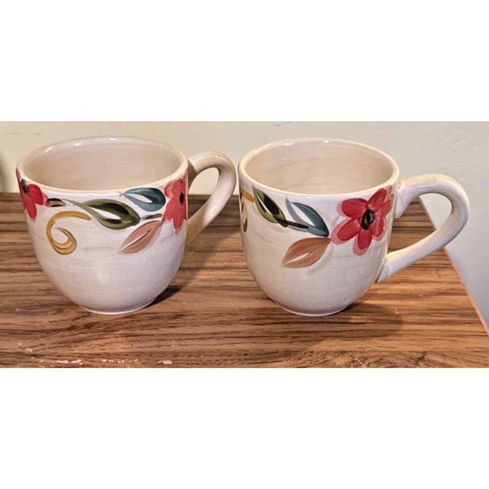 Pier 1 Imports Laurina Pair of Mugs/Cups Floral Cream Durastone Ceramic 2014